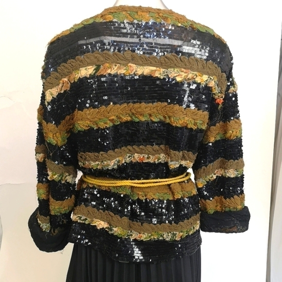 80s oversized silk striped sequins embroidered black collarless jacket - Picture 4 of 12